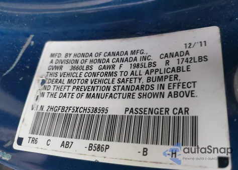 2012 Honda Civic Lx from USA, damaged, VIN 2HGFB2F5XCH538595